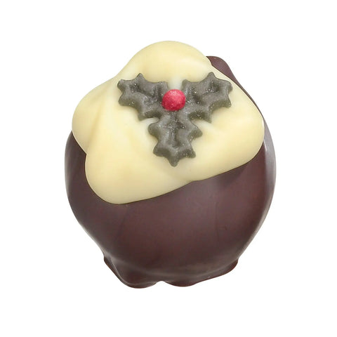 Dark chocolate Christmas pudding with rum and raisin ganache centers enrobed in dark chocolate by Jag Couture London New York