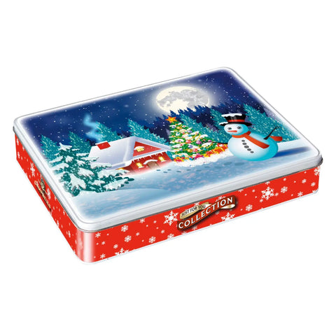 Assorted shortbread shapes in a Christmas scene tin by Jag Couture London New York, festive holiday cookie assortment.