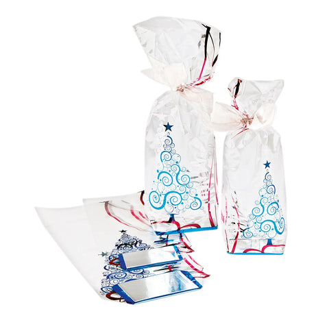 Christmas tree design cello bag measuring 120x275mm with festive holiday pattern by Jag Couture London - New York.