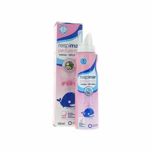 Pediatric Cinfa Respimar nasal spray in a 120ml bottle, designed for children, with a white and blue packaging.