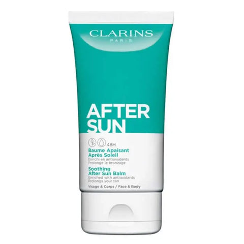 Clarins After Sun Soothing Balm for face and body in 150ml jar, moisturizing and calming skin after sun exposure.