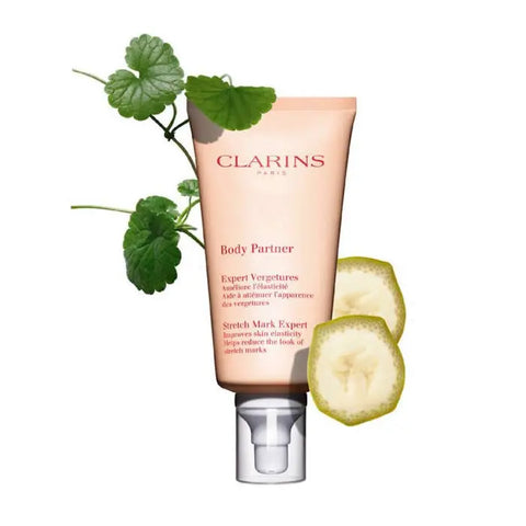 Clarins Body Partner Stretch Mark Expert 175ml bottle with product label, designed to reduce stretch marks and improve skin elasticity.