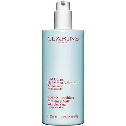 Clarins Body Smoothing Moisture Milk 400ml bottle with soft, creamy texture, displayed on a neutral background.