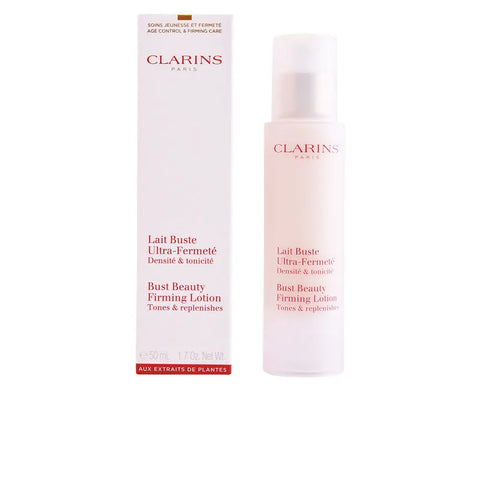 Clarins Bust Beauty Firming Lotion 50ml in a sleek bottle, with elegant packaging from Jag Couture London - New York.