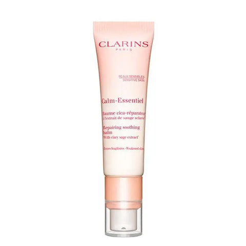 Clarins Calm-Essentiel soothing repairing balm in a 30ml jar, displayed with its packaging and product label.