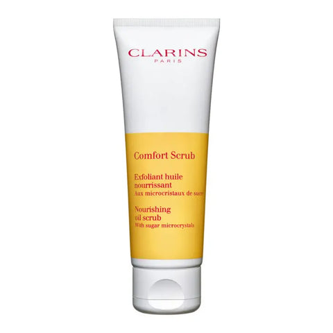 Clarins Comfort Scrub Nourishing Oil Scrub in 50ml jar with a smooth, creamy texture and natural ingredients visible in the image.