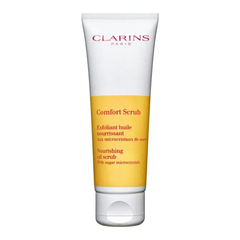 Clarins Comfort Scrub Nourishing Oil Scrub in 50ml jar, featuring a sleek container with the product label visible.