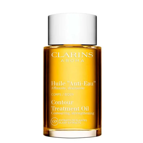 Clarins Contour Treatment Oil in a 100ml bottle, featuring a sleek design, used for contouring and strengthening skin.