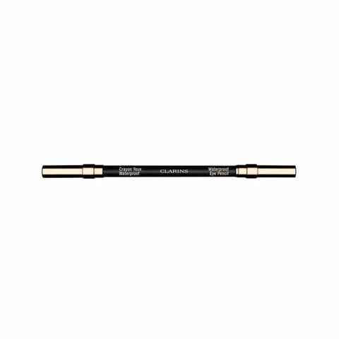 Clarins waterproof eye crayon in shade 01, with a sleek black pencil and silver cap, displayed with a close-up of the product tip.