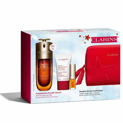 Set of four Clarins Double Serum 50ml bottles, featuring skincare products from Jag Couture London and New York.