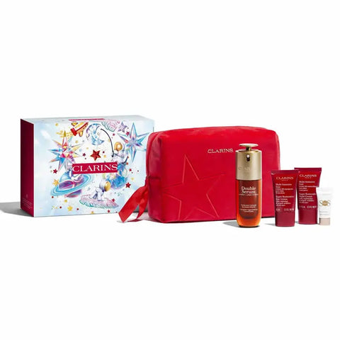 Clarins Double Serum 50ml set with five pieces, featuring skincare bottles and containers, on a sleek display.