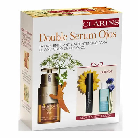 Set of three Clarins Double Serum Eye 20ml bottles, featuring skincare products by Jag Couture London and New York.