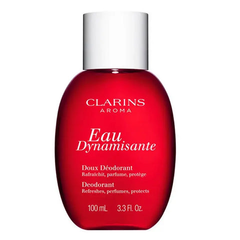 Clarins Eau Dynamisante deodorant spray in 100ml bottle, featuring fresh and invigorating scent, displayed with brand label.