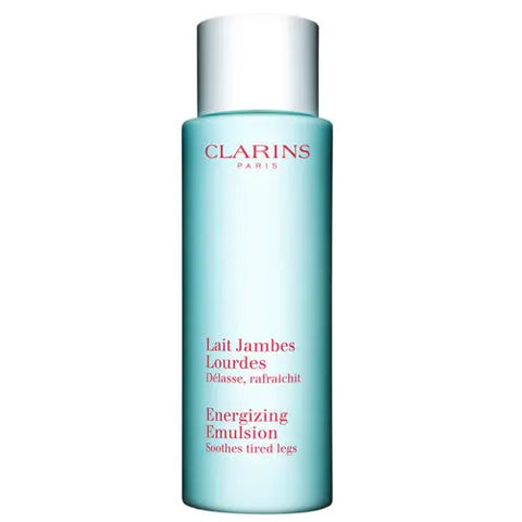 Clarins Energizing Emulsion for tired legs in 125ml bottle, featuring soothing and revitalizing formula.