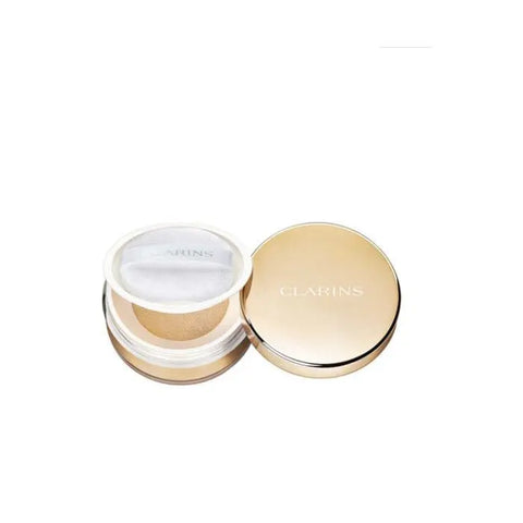 Loose powder jar labeled Clarins Ever Matte 02 Universal Medium, with a clear lid and beige powder inside.