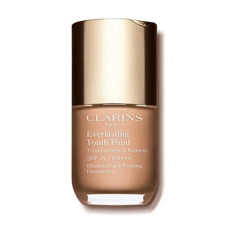 Clarins Everlasting Youth Fluid Foundation SPF15 in shade 109 Wheat, 30ml bottle, with foundation pump and sleek packaging.