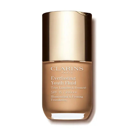 Clarins Everlasting Youth Fluid Foundation SPF15 in shade 111 Toffee, 30ml bottle, with foundation pump and clear label.