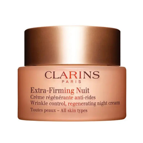 Clarins Extra-Firming Night Cream for all skin types in a 50ml jar, displayed with the product packaging and branding.