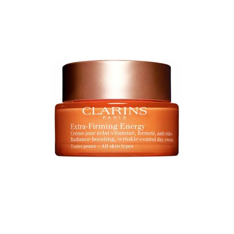 Clarins Extra-firming Energy 50ml skincare jar with a sleek design, displayed on a neutral background.
