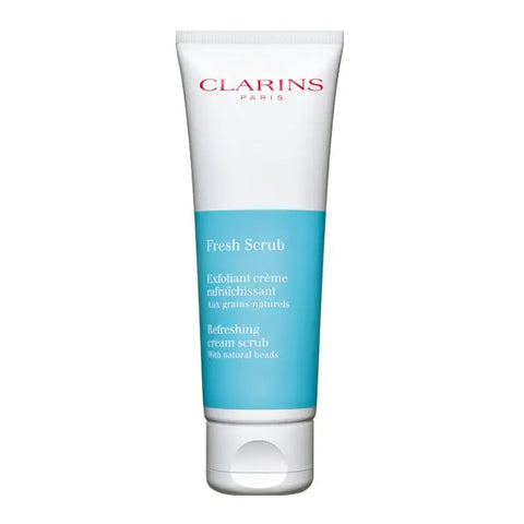 Clarins Fresh Scrub Refreshing Cream Scrub 50ml in a white jar with label, showcasing a gentle exfoliating cream for smooth skin.