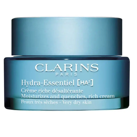 Clarins Hydra-Essential Rich Cream 50ml jar with white lid, showcasing the moisturizing face cream on a neutral background.