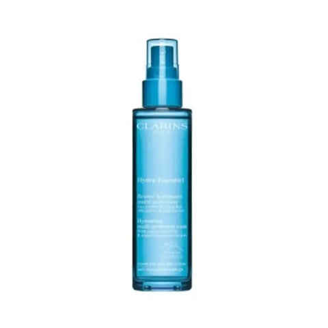 Clarins Hydra-Essentiel Hydrating Multi-Protection Mist in 75ml bottle, displayed with clear label and spray nozzle.