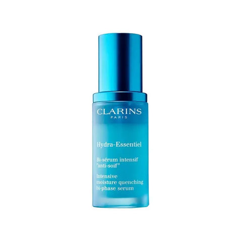Clarins Hydra-Essentiel Intensive Moisture Quenching Bi-Phase Serum in a clear bottle with dropper, displayed on a neutral background.