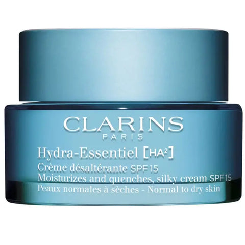 Clarins Hydra-Essentiel Silky Cream SPF 15 in a 50ml jar, featured with a smooth texture and elegant packaging.