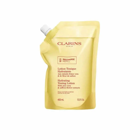 Clarins Hydrating Toning Lotion 400ml refill bottle with a sleek design, suitable for nourishing and moisturizing skin.