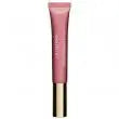 Clarins Instant Light Natural Lip Perfector 01 Rose Shimmer, showcasing a glossy pink lip gloss on a model.