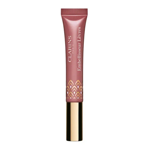 Clarins Instant Light Natural Lip Perfector in shade 16 Intense Rosewood, smooth gloss finish on lips with subtle shine.