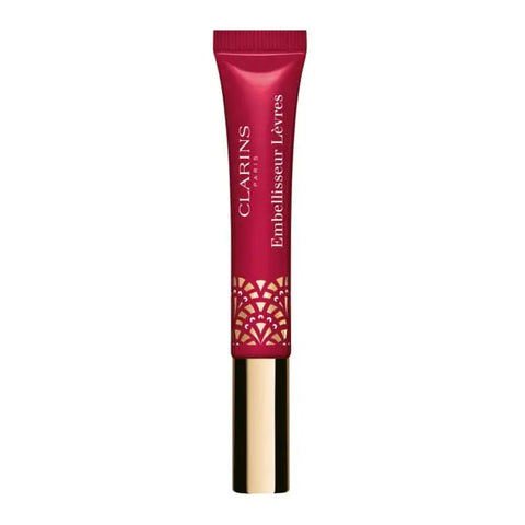 Clarins Instant Light Natural Lip Perfector 18 Intense Garnet in a sleek tube, showcasing its rich red shade and smooth, glossy finish.
