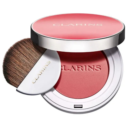 Clarins Joli Blush 02 Cheeky Pink blush compact with soft pink shade, featuring sleek packaging and a mirror for easy application.