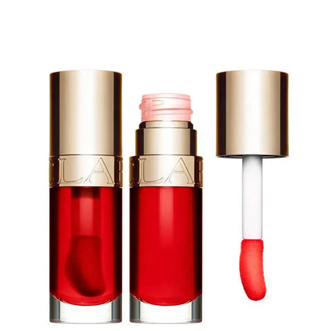 Clarins Lip Comfort Oil 08 Strawberry in 7ml tube, featuring a glossy lip oil with a strawberry tint from Jag Couture London New York