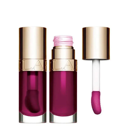 Clarins Lip Comfort Oil in shade 10 Plum, 7ml tube, with glossy finish and nourishing formula, displayed on a neutral background.