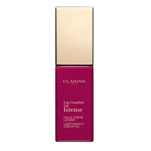 Clarins Lip Comfort Oil Intense in 02 Intense Plum, featuring a glossy lip oil with deep plum shade, shown on a model's lips.