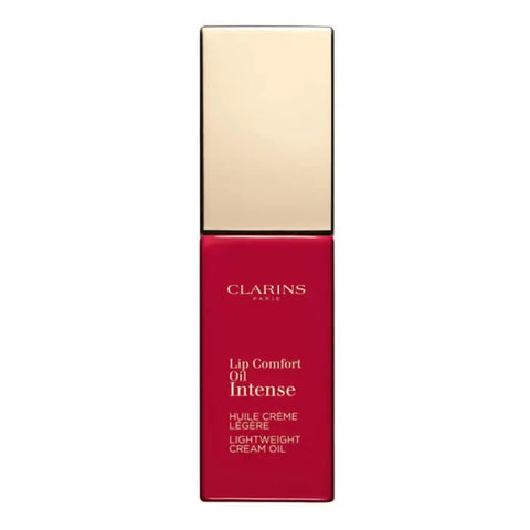 Clarins Lip Comfort Oil Intense in shade 07 Intense Red, glossy lip oil from Jag Couture London New York, featuring a vibrant red hue.