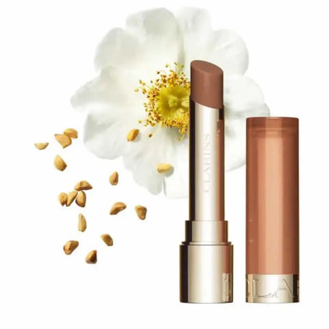 Clarins Lip Oil Balm in shade 04 Almond, 2.9g, with a smooth applicator and glossy finish, displayed in a sleek container.