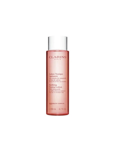 Clarins comforting tonic lotion for very dry or sensitive skin, 200ml, shown in a clear bottle with a blue cap.