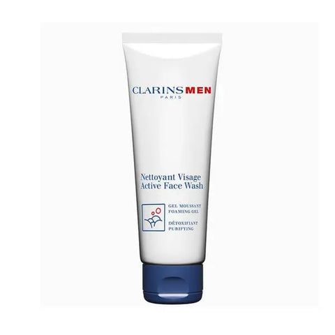 Clarins Men Active Face Wash 125ml in a white tube, suitable for daily cleansing, displayed on a clean background.
