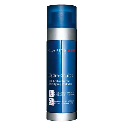Clarins Men Hydra Sculpt 50ml moisturizer in a black jar, featuring sleek packaging from Jag Couture London New York.