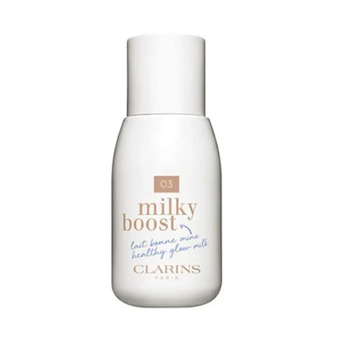 Clarins Milky Boost 03 Milky Cashew 50ml skincare bottle with product label and packaging, displayed on a neutral background