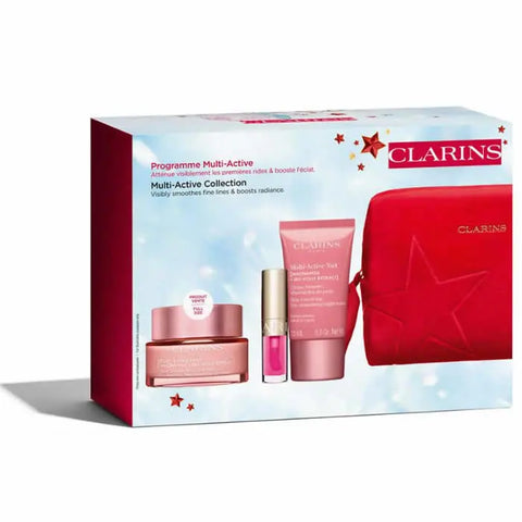 Set of four Clarins Multi Active Jour 50ml skincare products including creams and serums, displayed with packaging and containers.
