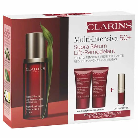 Set of four Clarins Multi-Intensive Super Restorative Serums in 30ml bottles, displayed with branding and packaging.
