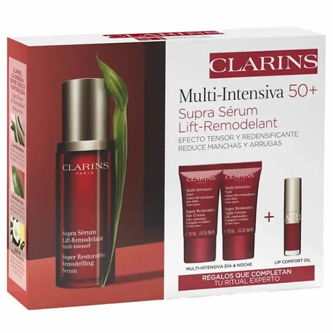 Set of four Clarins Multi-Intensive Super Restorative Serums in 30ml bottles, displayed with elegant packaging.