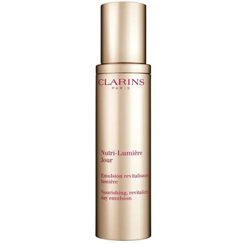 Clarins Nutri-Lumière Jour nourishing and revitalizing day emulsion in 50ml jar, shown with its packaging.