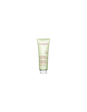 Clarins Purifying Gentle Foaming Cleanser 125ml in a clear bottle, with a white pump, on a neutral background.
