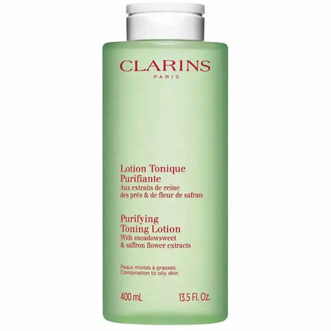 Clarins Purifying Toning Lotion 400ml, a clear liquid in a bottle, designed for skin purifying and toning by Jag Couture London New York.