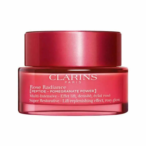 Clarins Rose Radiance Multi-Intensive 50ml skincare jar with pink rose design on a white background.