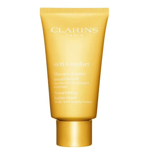 Clarins SOS Confort 75ml skincare jar with a white lid, featuring the product label, on a neutral background.